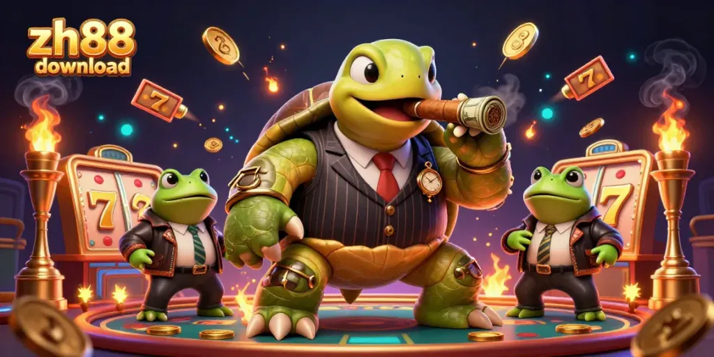 Engage with the zh88 download gaming experience featuring a whimsical snapping turtle and bullfrog enforcers, surrounded by vibrant casino elements.