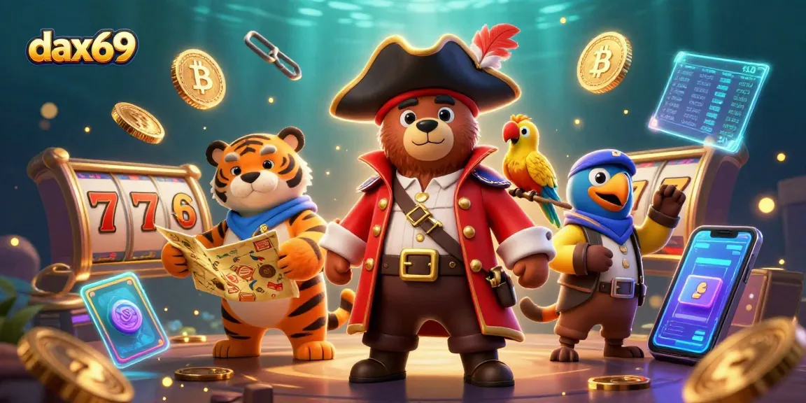 Dax69 menghadirkan keseruan dengan karakter beruang bajak laut dan harimau yang memegang peta harta karun dalam permainan slot yang gemerlap.