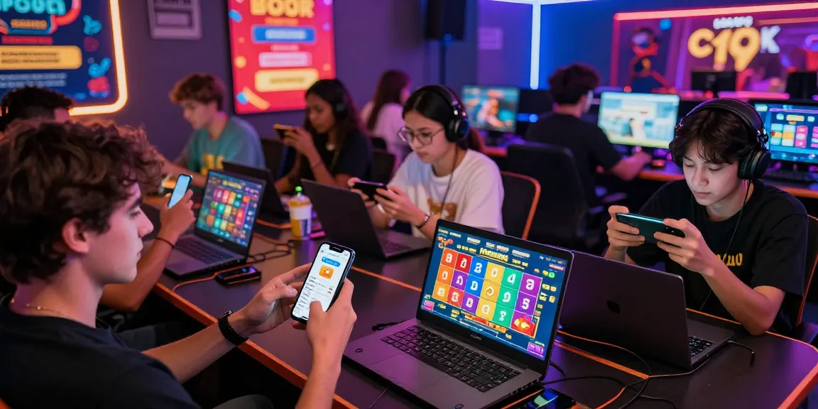 Engaging scene of diverse players celebrating wins while playing the JaiClub games on mobile devices in a vibrant environment.
