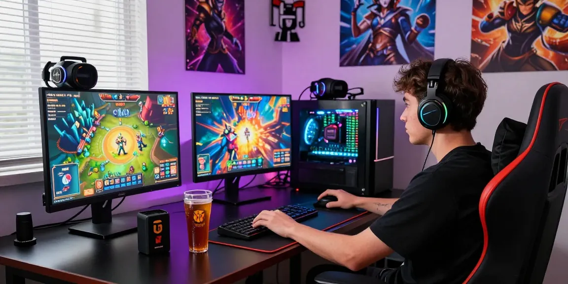 Engaging gaming scene featuring a player focused on สล็อต gameplay, surrounded by vibrant graphics and gaming gear.