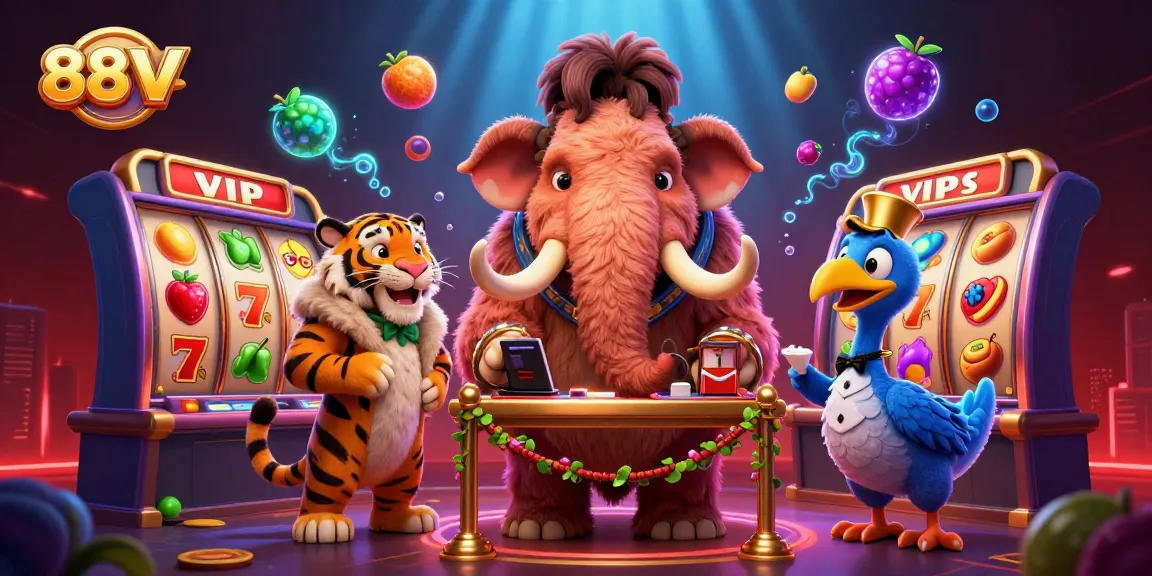 Experience 88VV's vibrant casino atmosphere with dynamic slot reels and engaging characters.