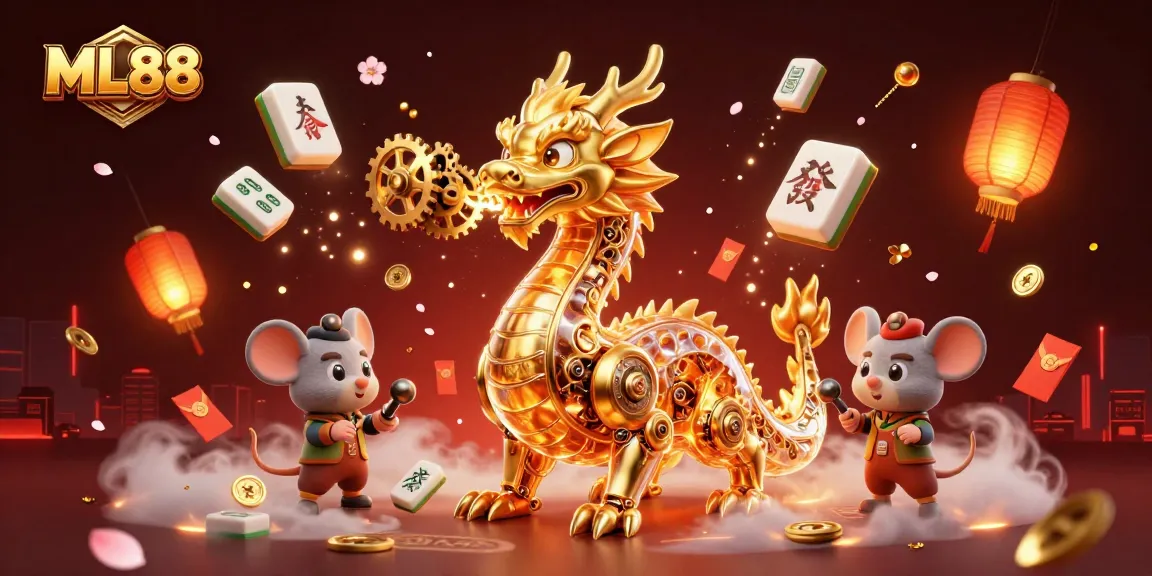ML88 showcases a golden dragon breathing gears in a vibrant casino scene filled with luck and excitement.
