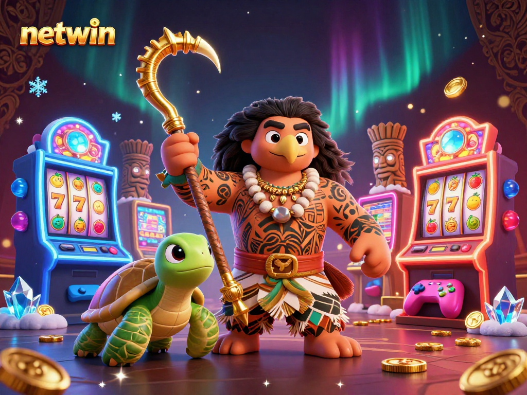 Engage with netwin's vibrant slot experience featuring 3D cartoon characters and colorful game elements.