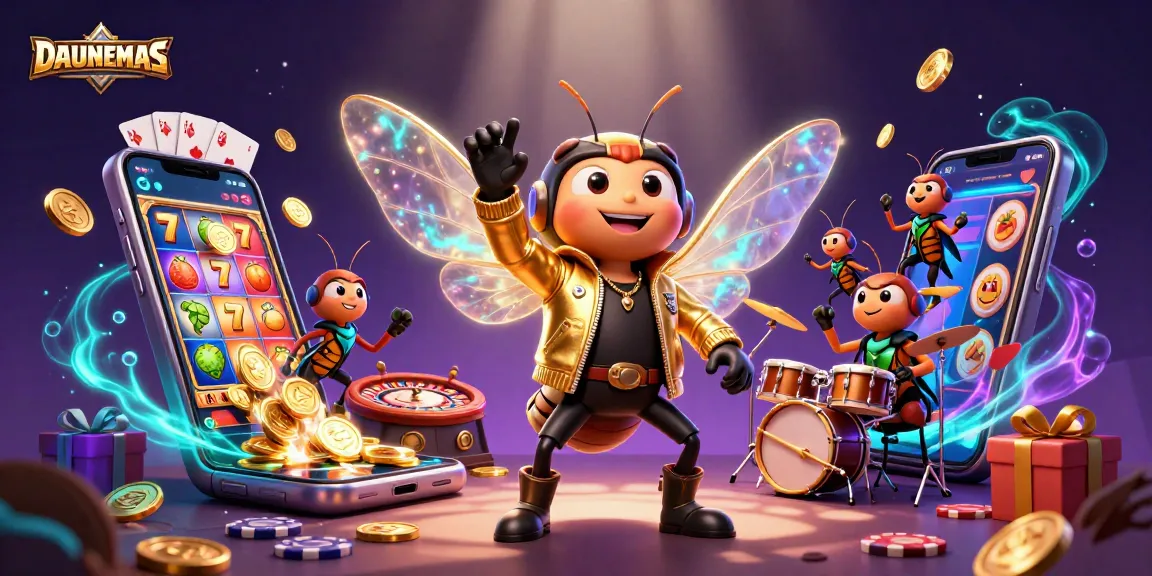 Experience DAUNEMAS with an energetic rock star scene featuring colorful slot games and vibrant characters.