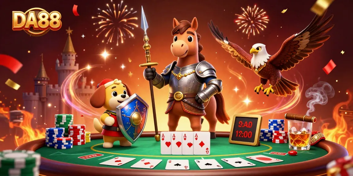 Join the thrilling DA88 poker action with vibrant characters and colorful chips in this engaging casino scene.