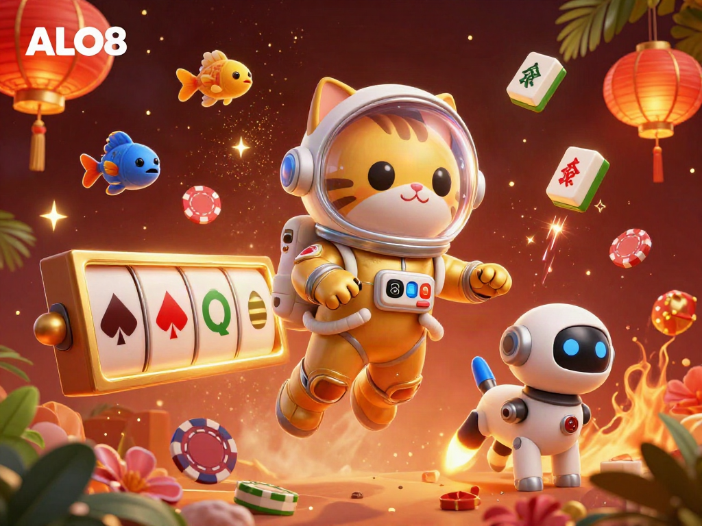 Experience an exciting ALO8 gaming environment with an astronaut cat, robot dog, and vibrant casino elements.
