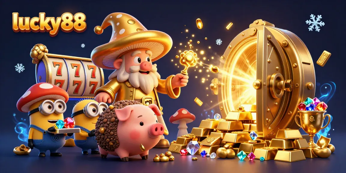Experience the magic of lucky88 with a golden wizard and treasure in this vibrant casino scene.