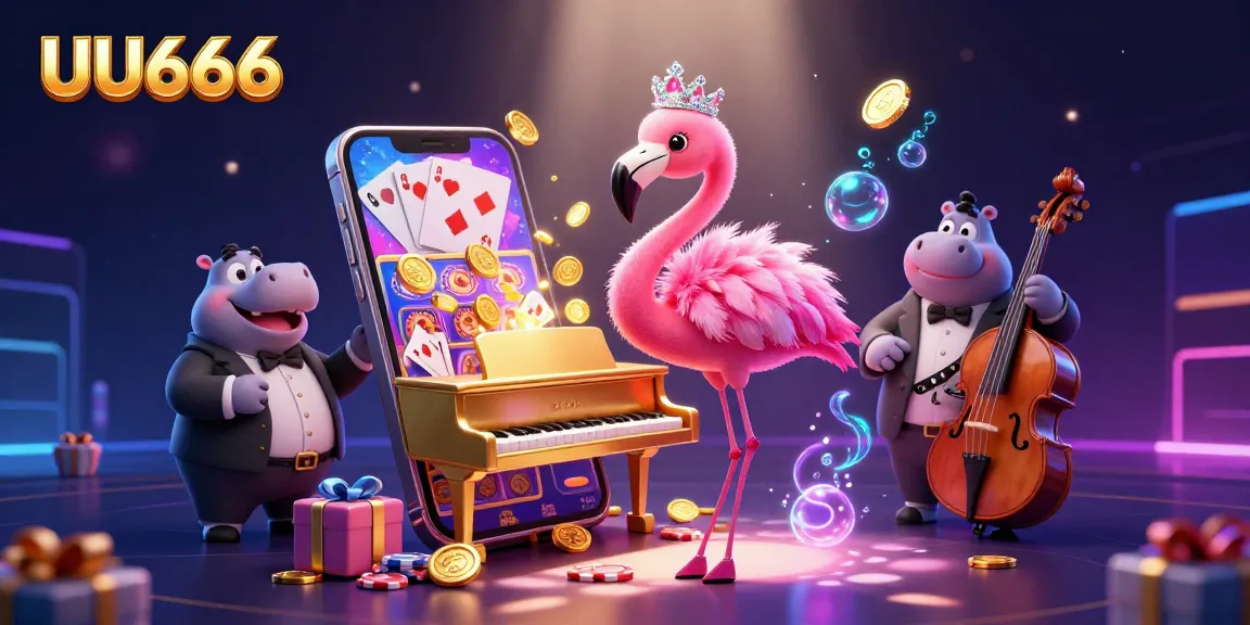 Experience UU666's vibrant casino atmosphere with a singing flamingo and hippo bassist.