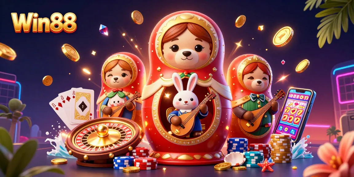 Win88 showcases excitement with vibrant games, sparkling gems, and engaging characters in a dynamic casino atmosphere.