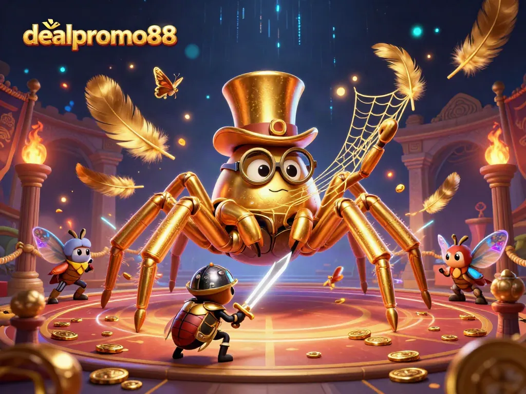 Spin the reels at dealpromo88 with giant golden tarantula and beetle knight amidst rich casino visuals.