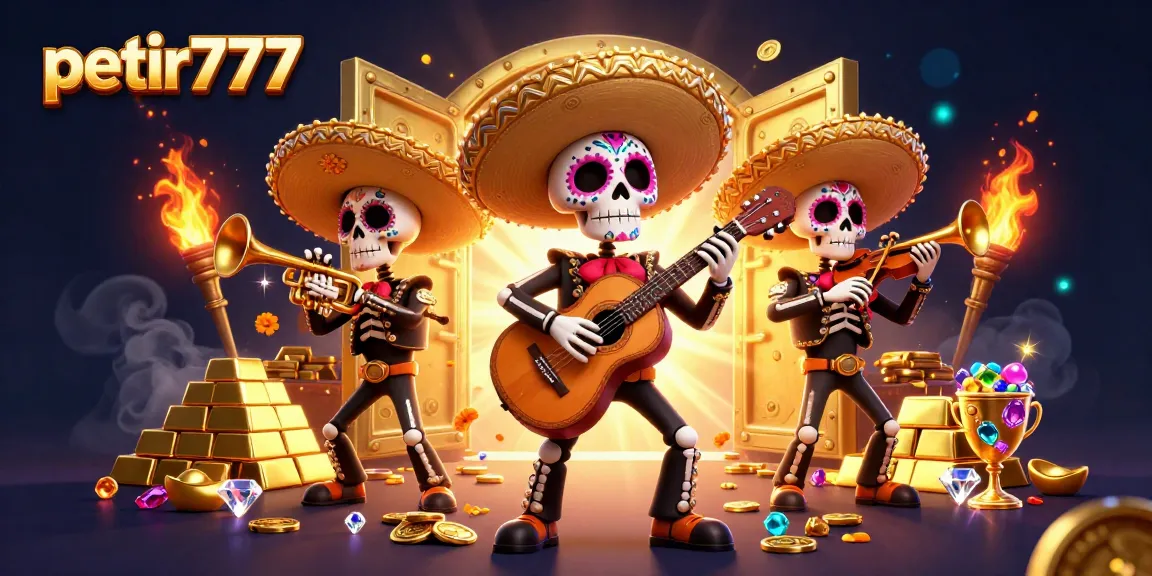 Experience the excitement of petir777 with vibrant 3D illustrations of mariachi skeletons celebrating a jackpot