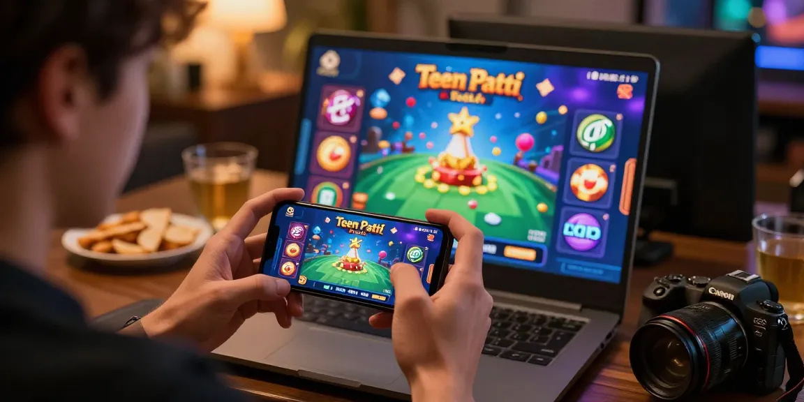 Teen Patti Gold login scene showcasing a player engaging with colorful game screens in a cozy setting.
