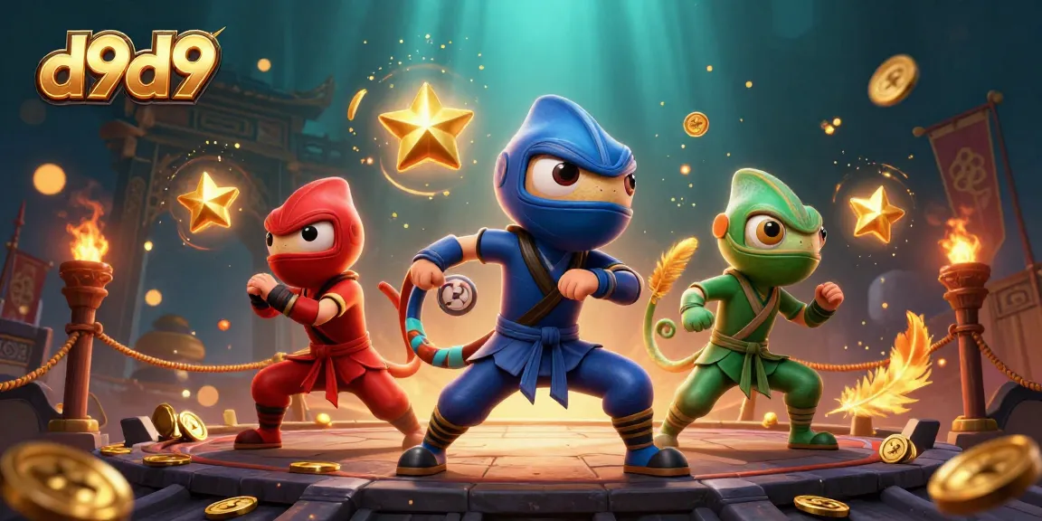 Maglaro sa d9d9 na puno ng ginto at mga simbolo ng slots mula sa isang 3D cartoon ninja chameleon team.