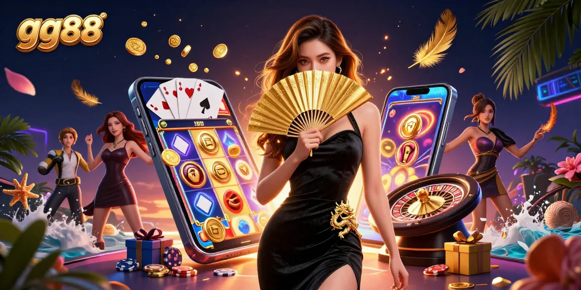 Engage with gg88’s vibrant gaming universe featuring a striking Asian woman amidst dynamic casino elements.