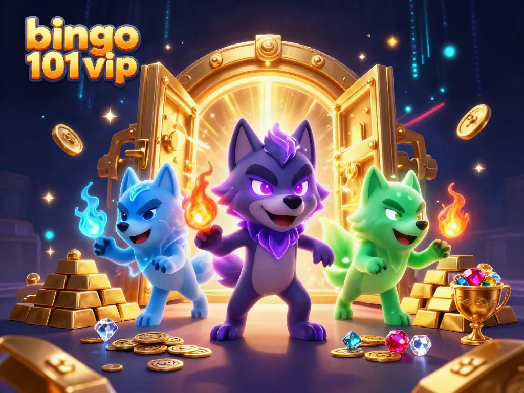 Menangkan hadiah besar dalam bingo 101 vip dengan gambar serigala kartun dan peti harta karun berkilauan.
