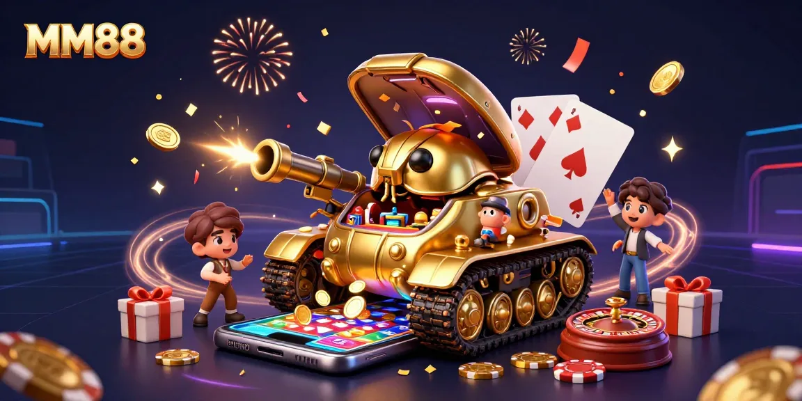 Enticing MM88 casino scene with a golden beetle tank, colorful slot games, and confetti for immersive gaming fun.