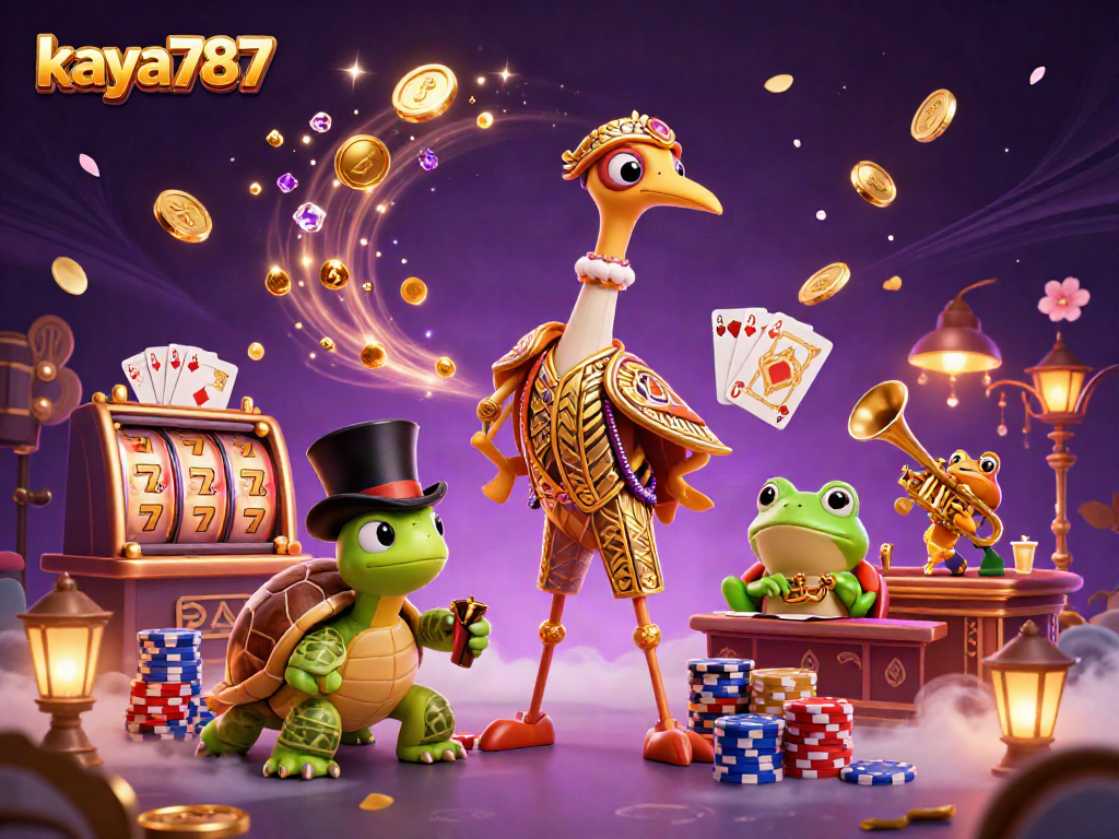 Experience thrilling wins at kaya787 with a vibrant casino scene showcasing playful characters and slot games.