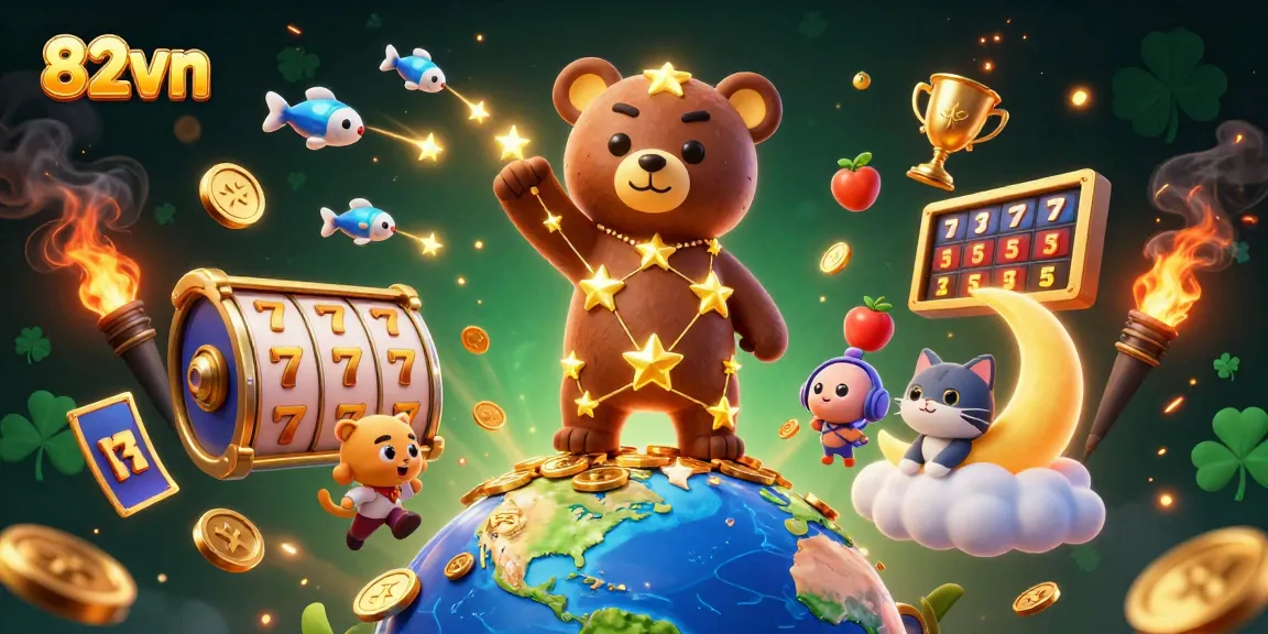 Engage in thrilling slot action with 82vn, featuring a mascot constellation bear surrounded by riches.