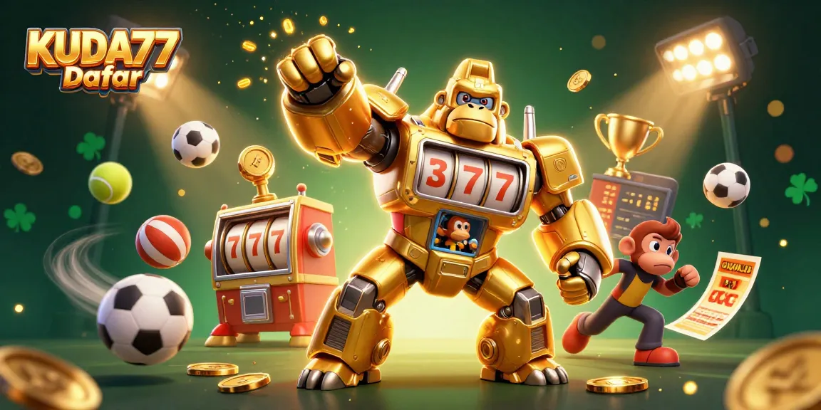 Menangkan KUDA77 Daftar dengan ilustrasi 3D gorila emas dan elemen taruhan yang mengesankan.