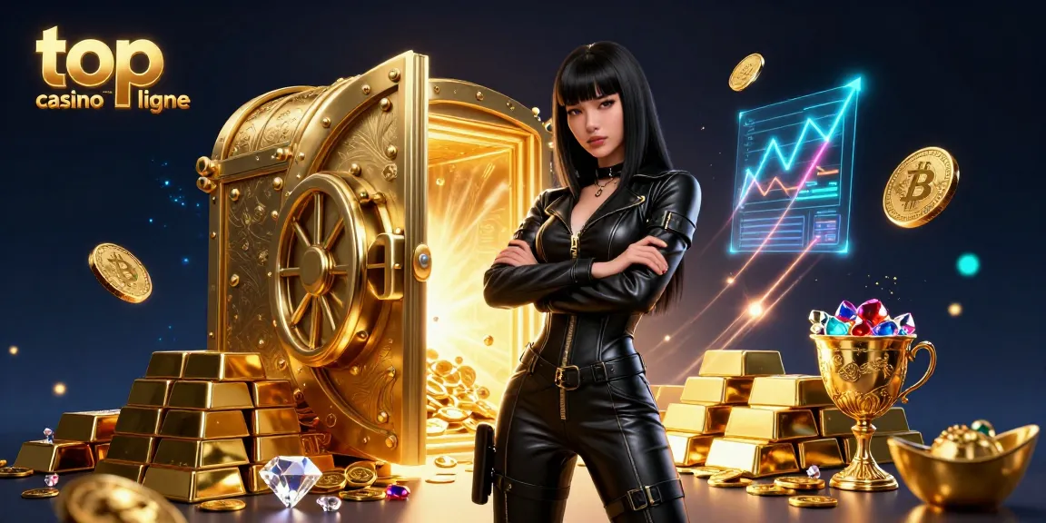 Avec le meilleur casino en ligne, une femme asiatique éblouissante se tient au milieu de trésors dorés dans une scène de casino vibrante.