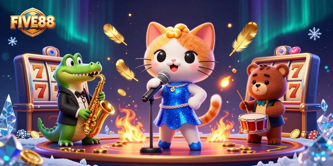 Experience the excitement of FIVE88 with this vibrant 3D casino illustration featuring cartoon characters and dynamic gaming elements.