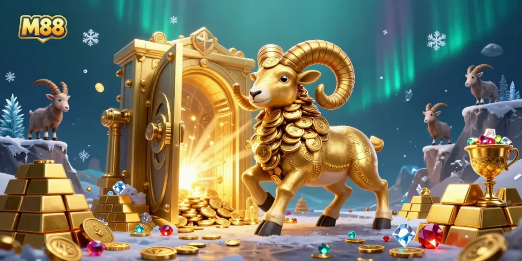 Experience thrilling wins with M88 showcased in a vibrant, rich casino environment filled with treasures.