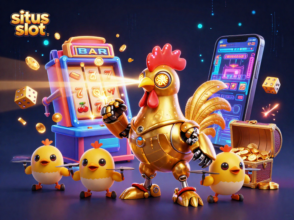 Engage in exciting situs slot gameplay with vibrant golden rooster robot and dynamic jackpot scene.