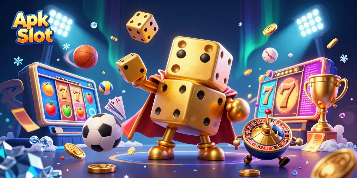 Mainkan Apk Slot yang seru dengan karakter dadu emas dan elemen kasino di latar belakang yang menarik.
