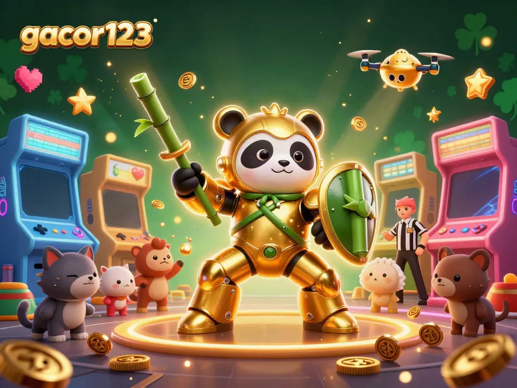 Engage in thrilling games with gacor123 at a vibrant online casino arena featuring a mech-suit panda.