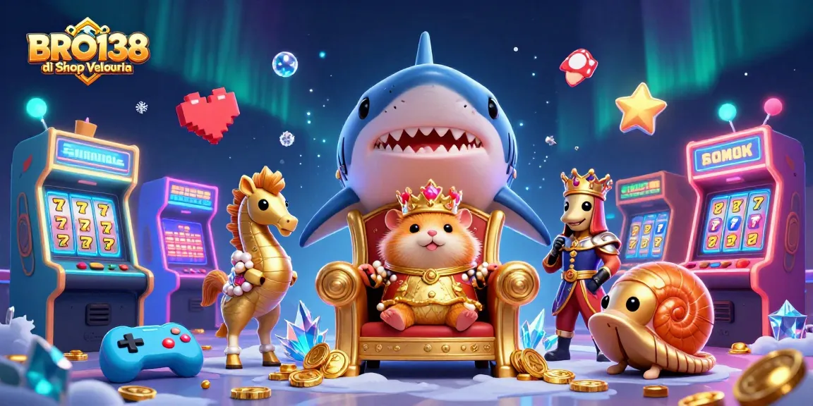 BRO138 di Shop Velouria showcases a golden hamster king atop a megalodon throne engaging in thrilling online slot action.
