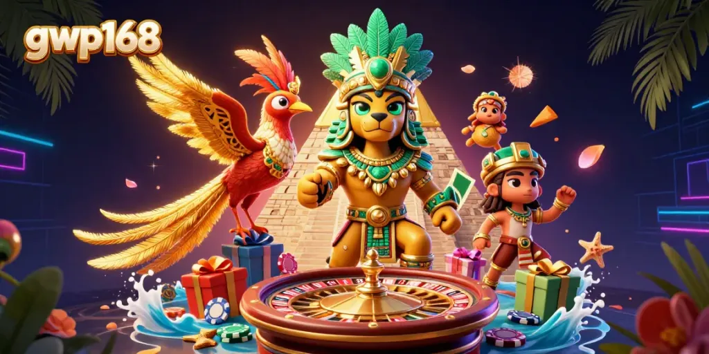 Menghadirkan pengalaman permainan GWP168 dengan jaguar dan burung quetzal dalam ilustrasi casino 3D yang menakjubkan.