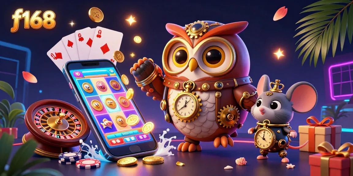Play and win big at f168 with immersive steampunk-themed 3D casino illustration featuring vibrant slot games.