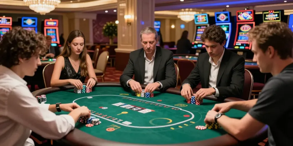 Lithuania casino operator reviews featuring a lively poker game with diverse players in an elegant casino atmosphere.
