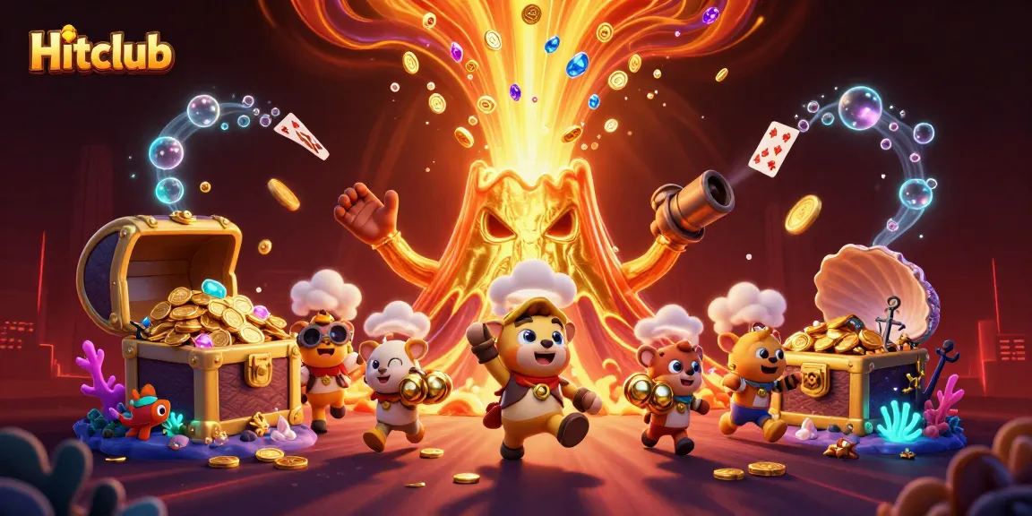 Experience the thrill of Hitclub with a golden volcano erupting treasures amidst a vibrant casino scene.