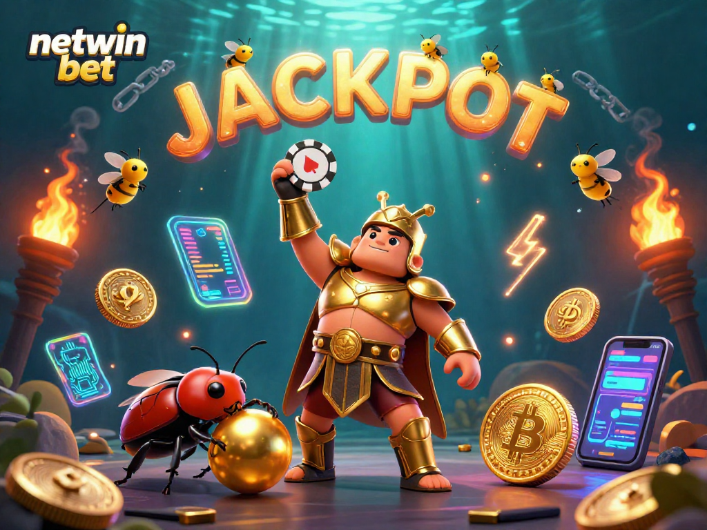 Try your luck with netwin bet, featuring a victorious beetle and a vibrant Jackpot scene.
