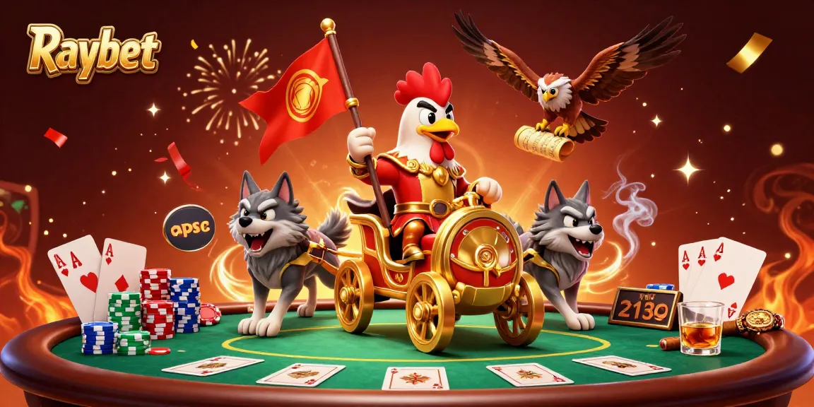 Experience Raybet's dynamic casino scene with a rooster warlord and poker elements.