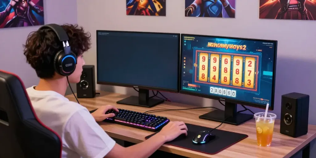 Pengguna bermain Mahjong Ways 2 dengan semangat di ruang gaming modern.