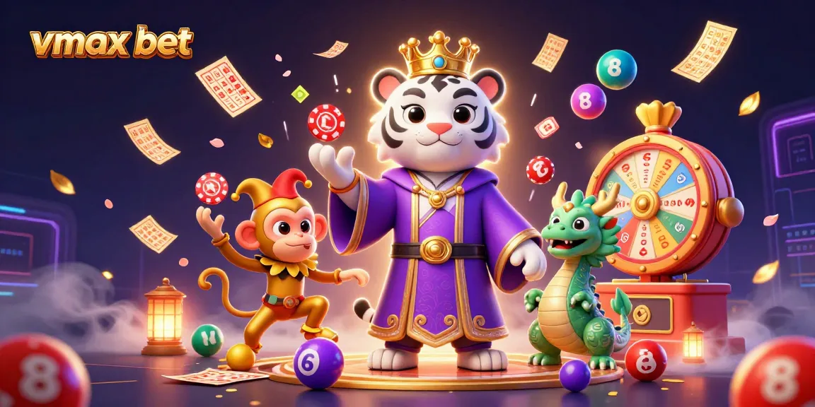 Engage with vmax bet in a vibrant 3D casino world featuring a royal tiger, jester monkey, and dynamic gaming elements.