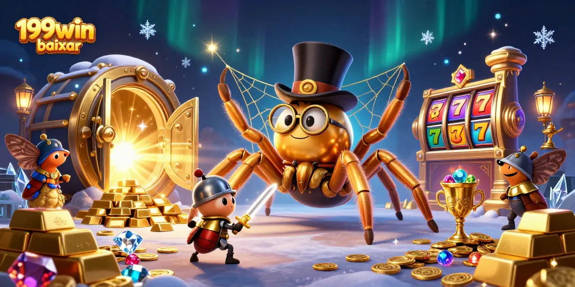 Experience excitement with 199win baixar, featuring dynamic gaming elements like golden treasure and slot reels.
