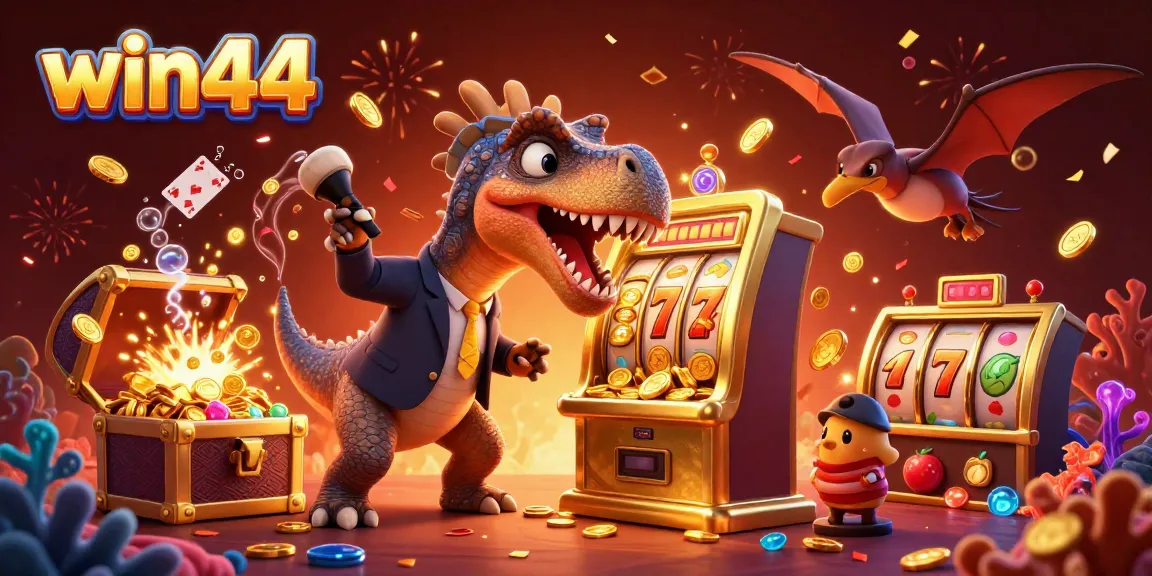 Experience a thrilling moment at win44 as a pachycephalosaurus hits a slot machine, winning coins.