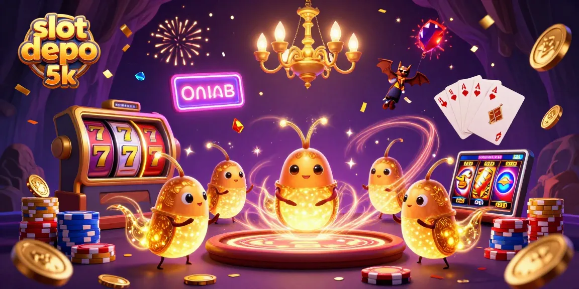 Experience the thrill of slot depo 5k with a vibrant 3D casino scene filled with glowing characters and dynamic gaming elements.