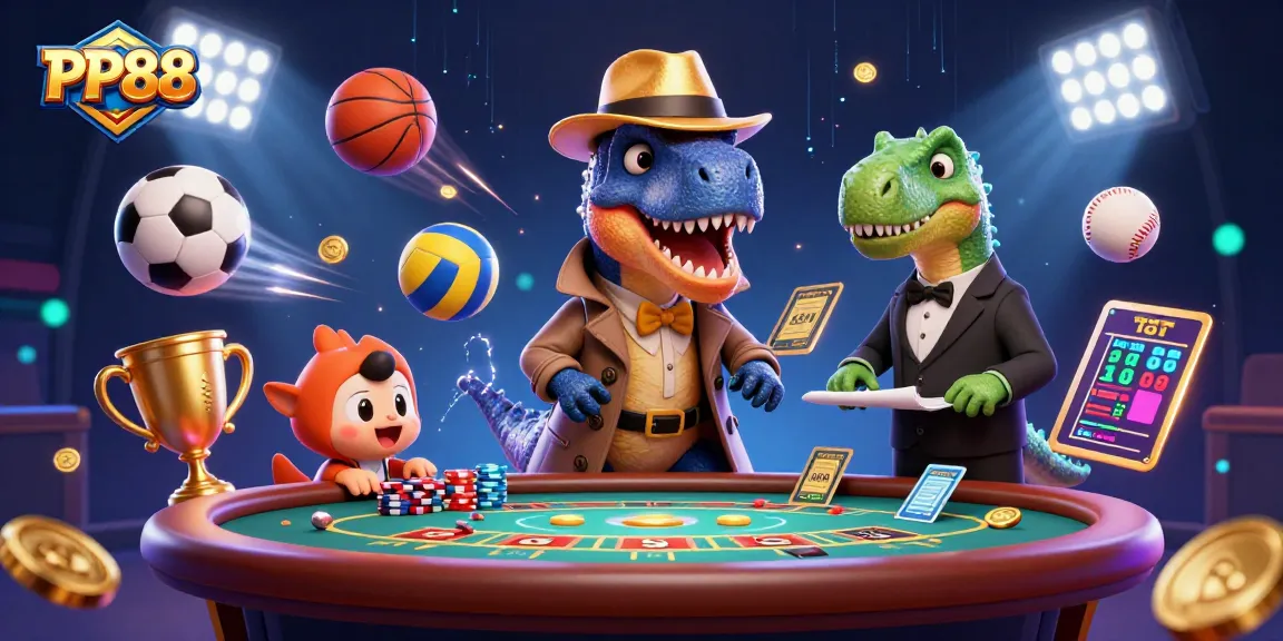 PP88 velociraptor card counter and characters immersed in a vibrant casino scene.