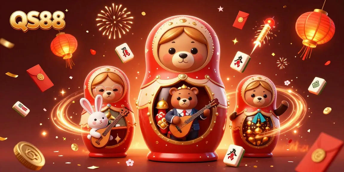Experience the excitement of QS88 with dynamic gaming characters and festive elements in a vibrant casino scene.