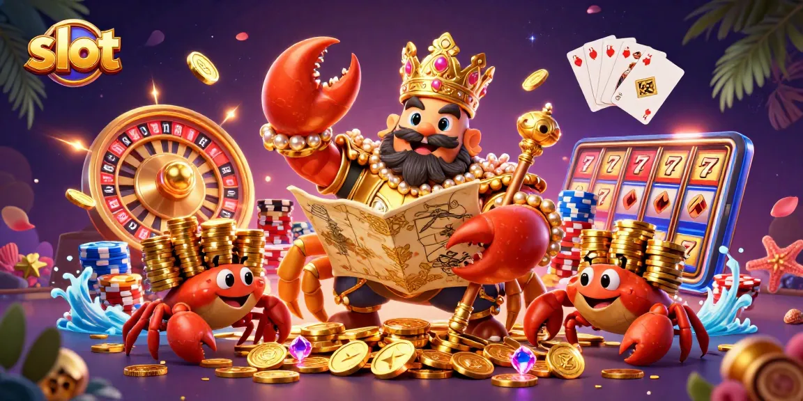 Memenangkan slot dengan ilustrasi karakter krab emas raksasa dan berbagai elemen permainan kasino yang mengesankan.