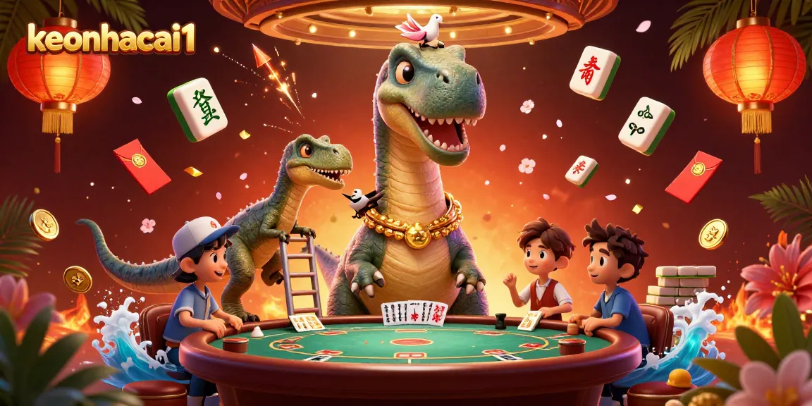 Engage in exciting gaming with keonhacai1, as 3D characters explore vibrant casino elements.
