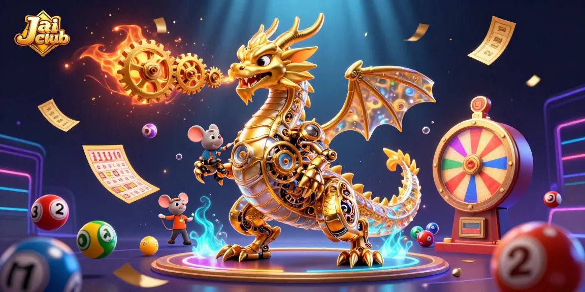 Experience the excitement of Jai club with a dynamic scene featuring a golden dragon and lottery elements showcasing thrilling gaming.