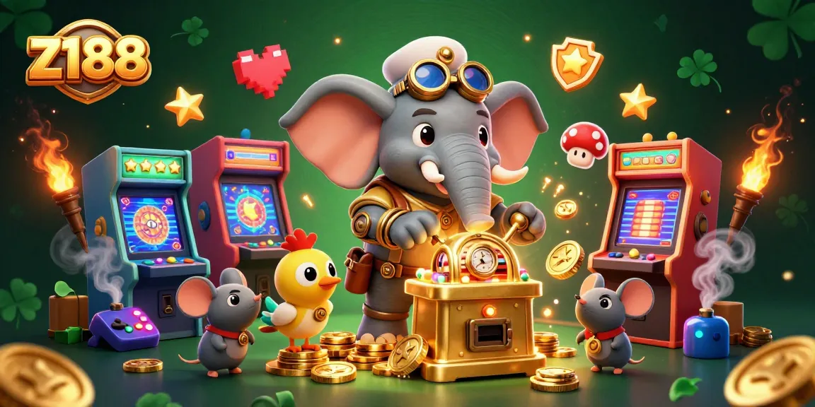 Engage in thrilling gameplay at z188 with a cartoon steampunk elephant operating a golden slot machine, showcasing colorful gaming elements.