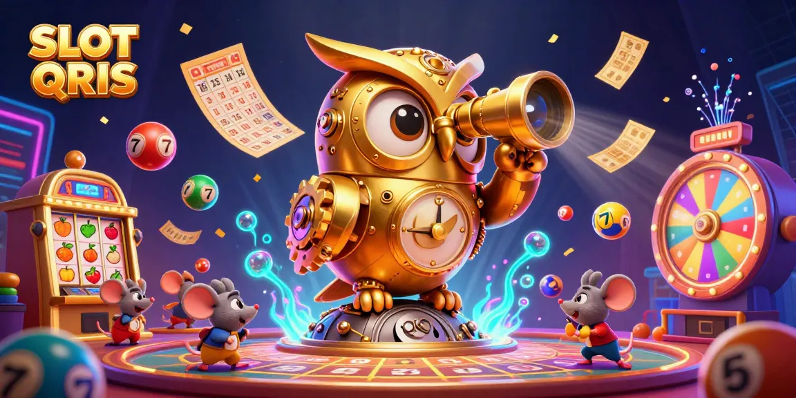 Engage with SLOT QRIS in a vibrant casino scene featuring lively characters and dynamic gaming elements.