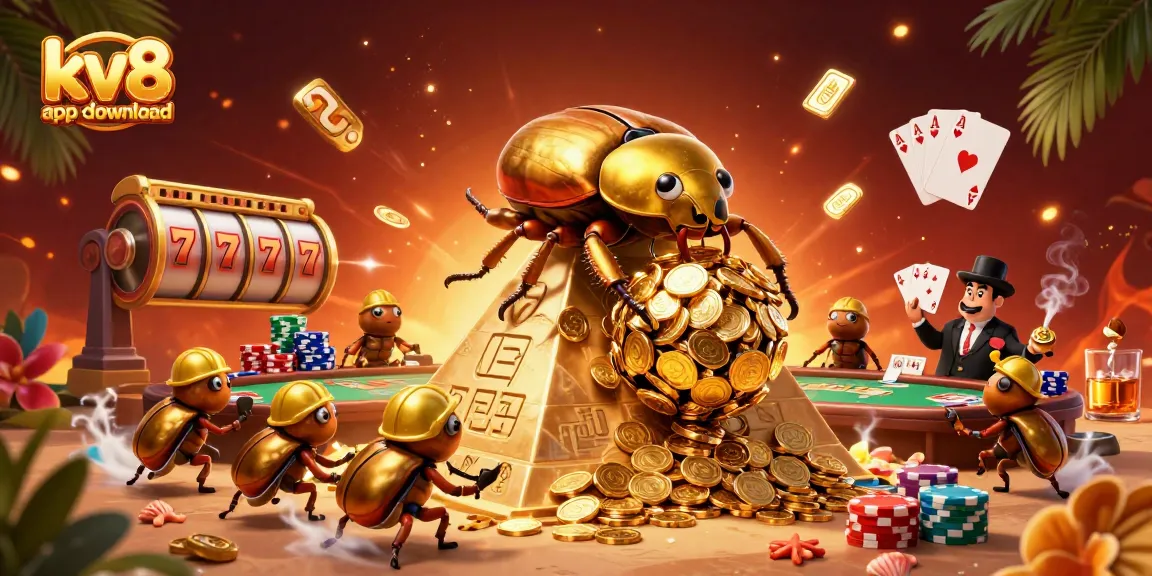 Experience the thrill with kv8 app download and a captivating casino adventure featuring a golden beetle rolling coins.