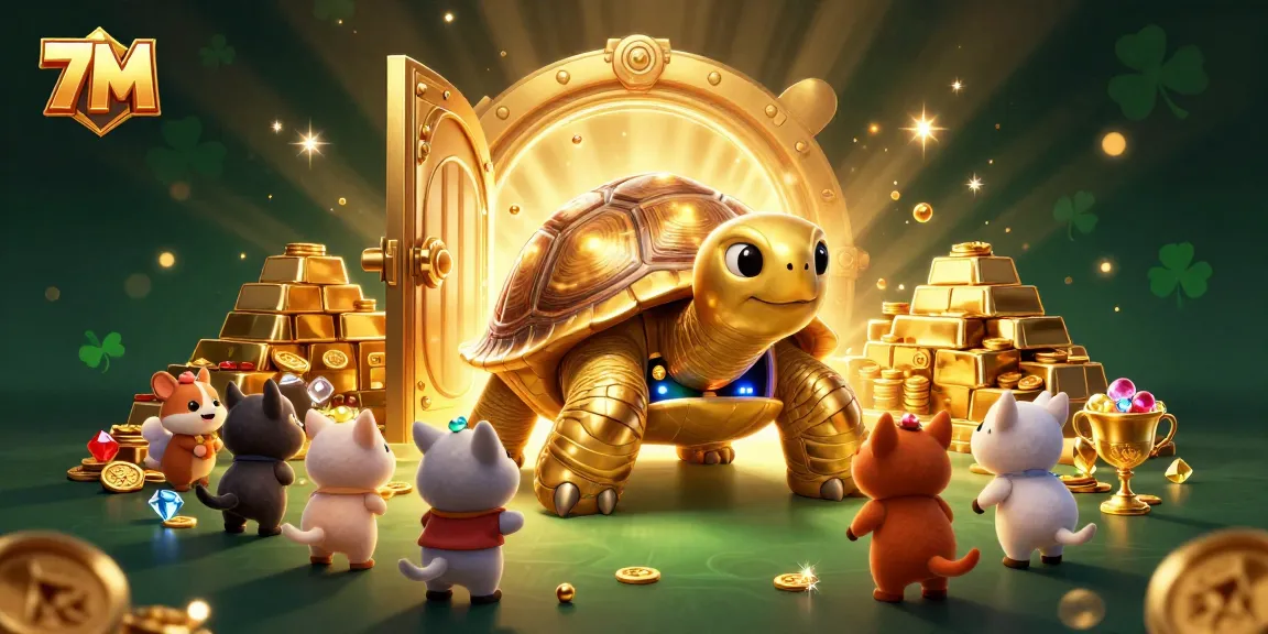 Engage with 7M's thrilling gaming experience featuring a colossal golden tortoise and treasures.